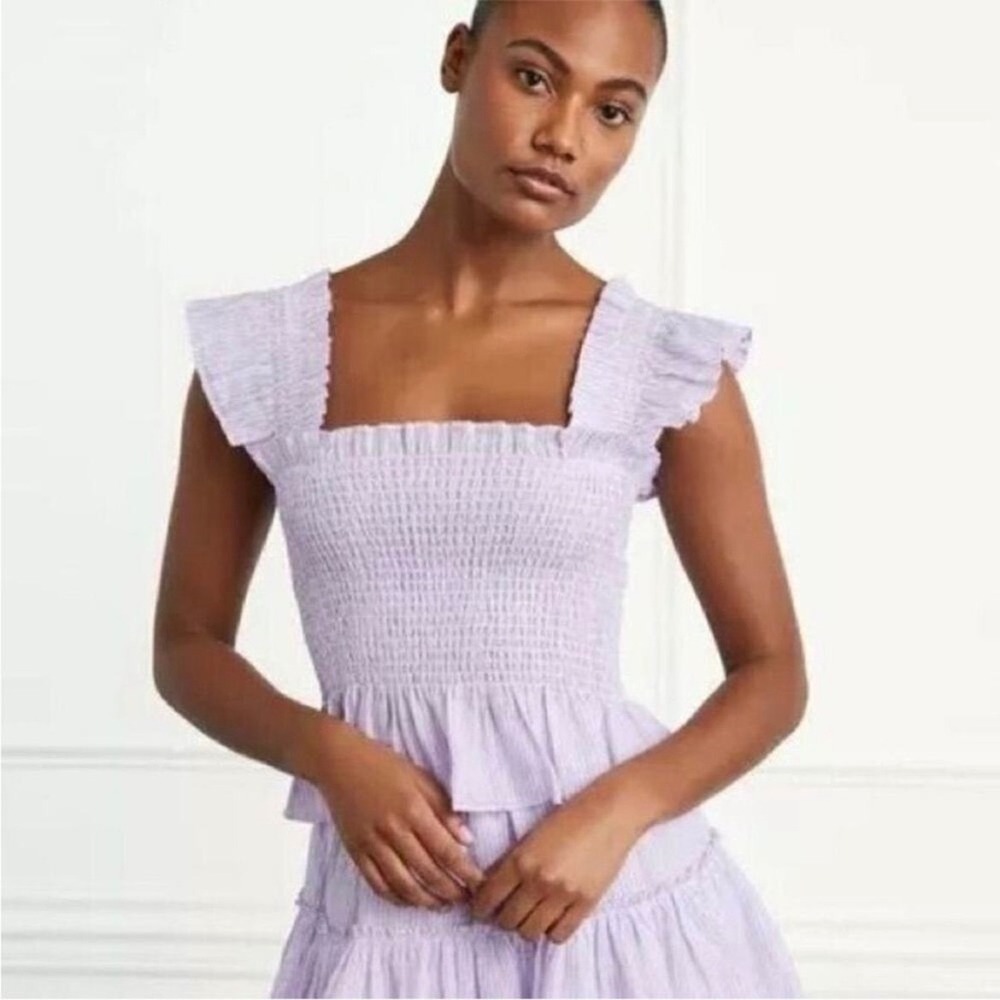Hill House Home Paz Nap Top Lilac Stripe Linen Smocked Ruffle Peplum Small